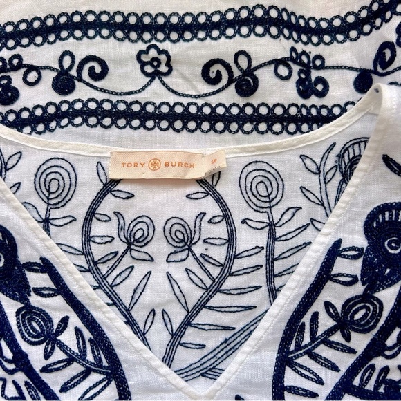 Tory Burch Embroidered Beach Caftan Cover-Up Mini Dress Navy Blue White Linen S - Picture 9 of 11